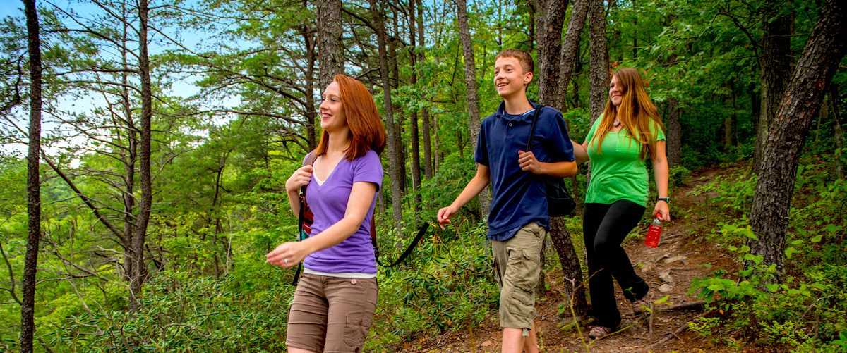 Three young hikers on forested trail in West Virginia