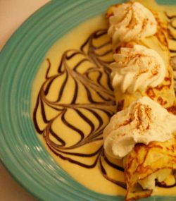 Crepe with whipped cream and chocolate swirls, Cafe Cimino Country Inn, WV