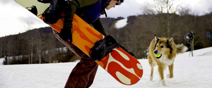 A snowboarder plays with a dog at Timberline, WV