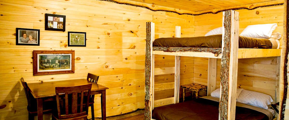 Log bunkbed inside treehouse at Buffalo Trail Cabins, WV