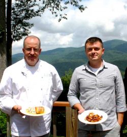 Chefs standing against mountains of Elkins, WV