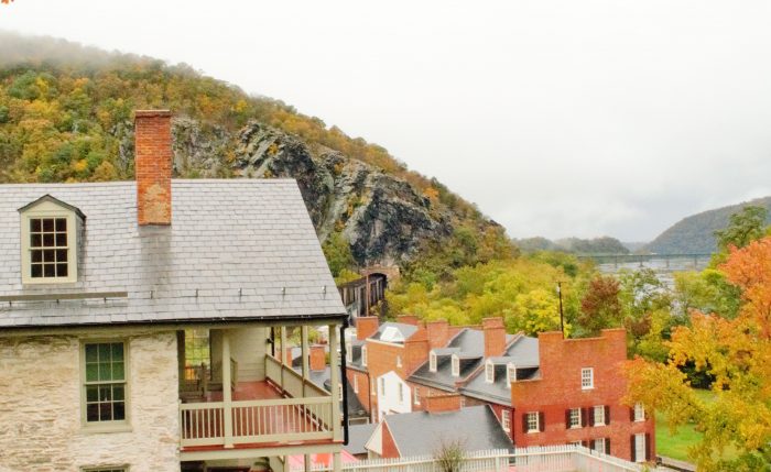 View from near the Harper House showing historic buildings' rooftops and the gap in the mountains.