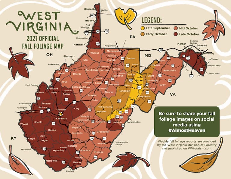 An illustrated map of West Virginia showcasing the color of leaves in Fall