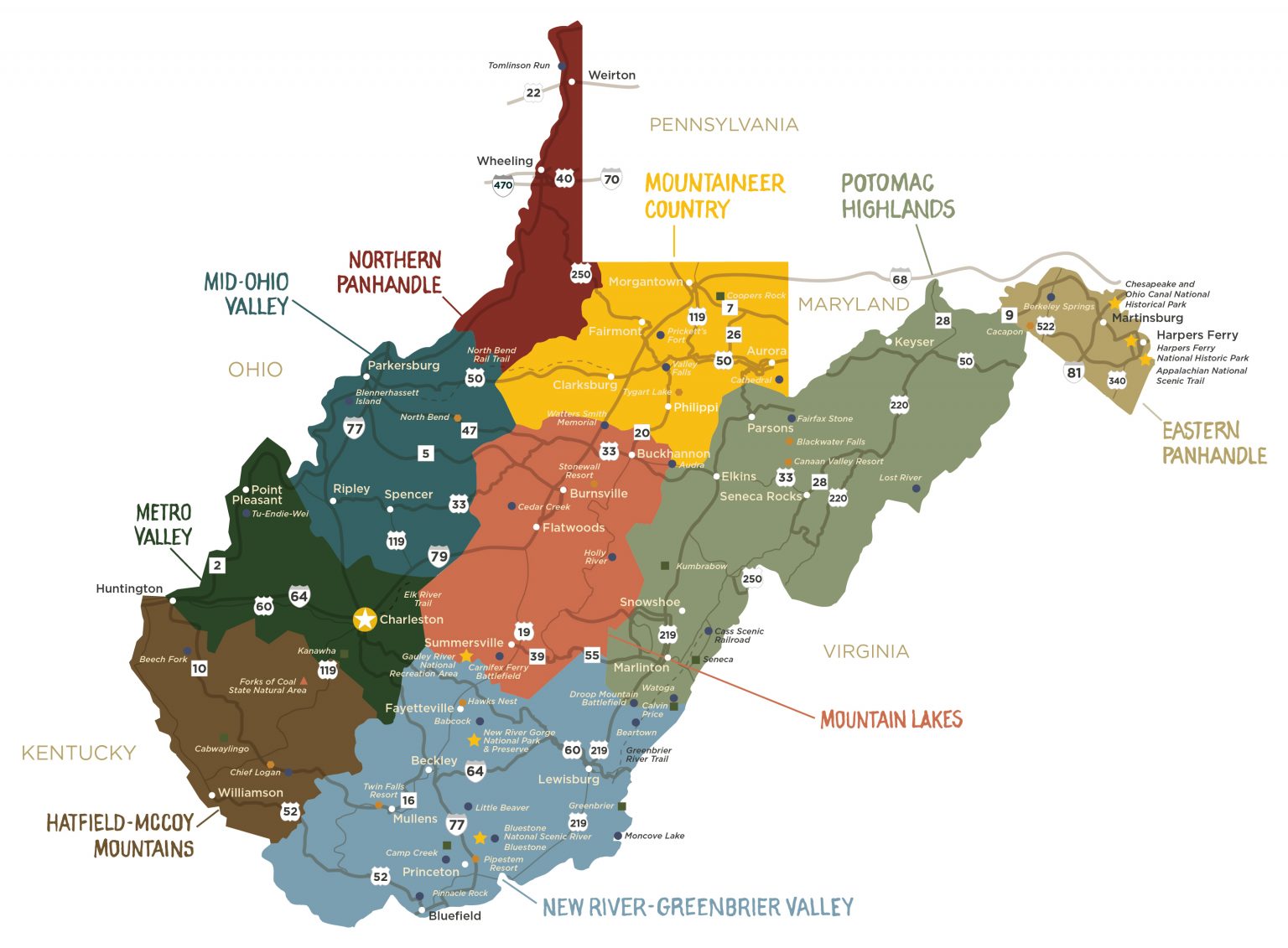 west virginia tourist regions map