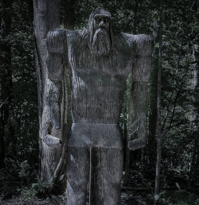 A 10.5-foot, 1,800-pound wooden Bigfoot statue, made by high school students, stands imposingly over the Elk River Trail in Clay County