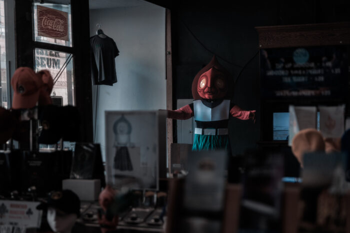 A life-size replica of the Flatwoods Monster greets visitors to the Flatwoods Monster Museum