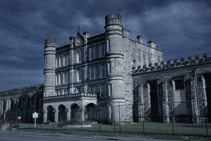 The stone exterior of the WV Penitentiary provides an eerie backdrop for visitors to Moundsville, WV