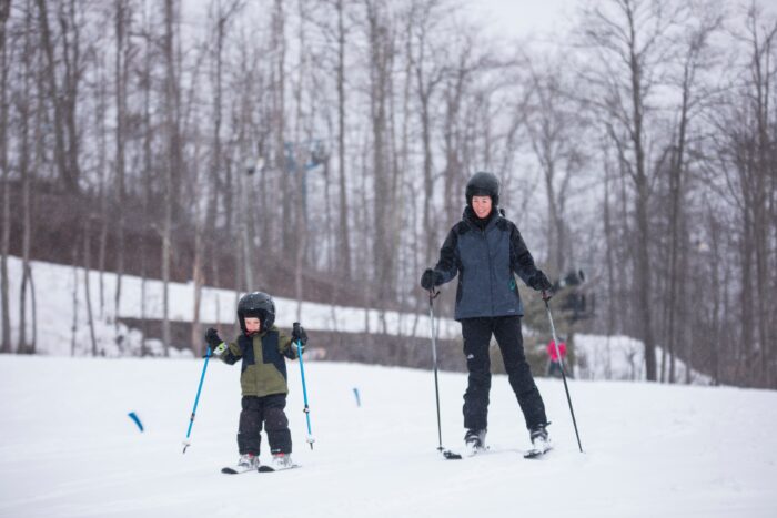 Ski, winter, woman and child