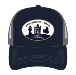 official Paranormal Trail West Virginia trucker hat. The front of the hat shows the Flatwoods Monster, Mothman, and a haunted house.