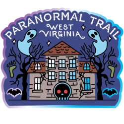 Paranormal Trail West Virginia sticker with illustrated haunted house, bats, and ghosts