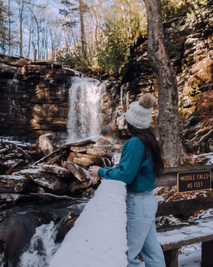 Visitor overlooking a waterfall from a wooden railing beside a sign reading Middle Falls 45 Feet.