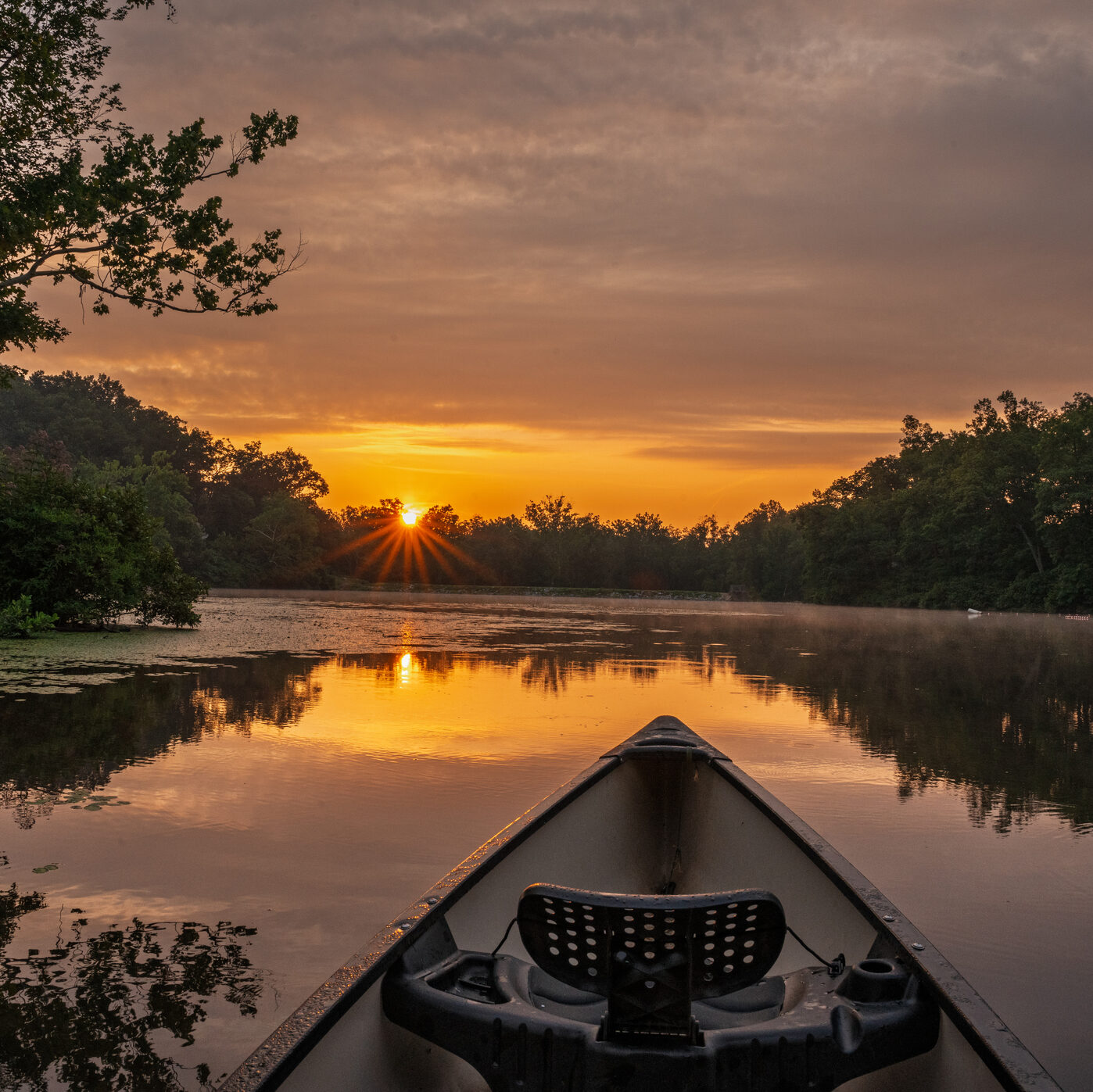 View from a canoe on a calm lake during sunrise with trees reflecting on the water under a partly cloudy sky.